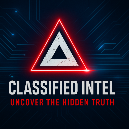 A futuristic digital graphic featuring a glowing red triangle with a cracked white pyramid symbol inside it, set against a dark blue circuit-board-style background. Below the triangle, bold silver text reads “CLASSIFIED INTEL” and smaller red text underneath says “UNCOVER THE HIDDEN TRUTH.” The design evokes secrecy, technology, and mystery.